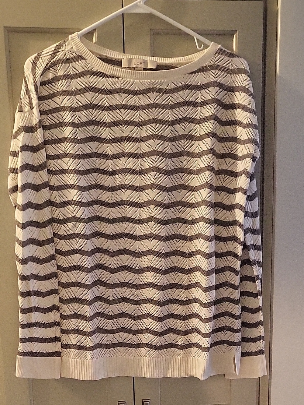 LOFT Offwhite and Taupe Striped Knit Sweater